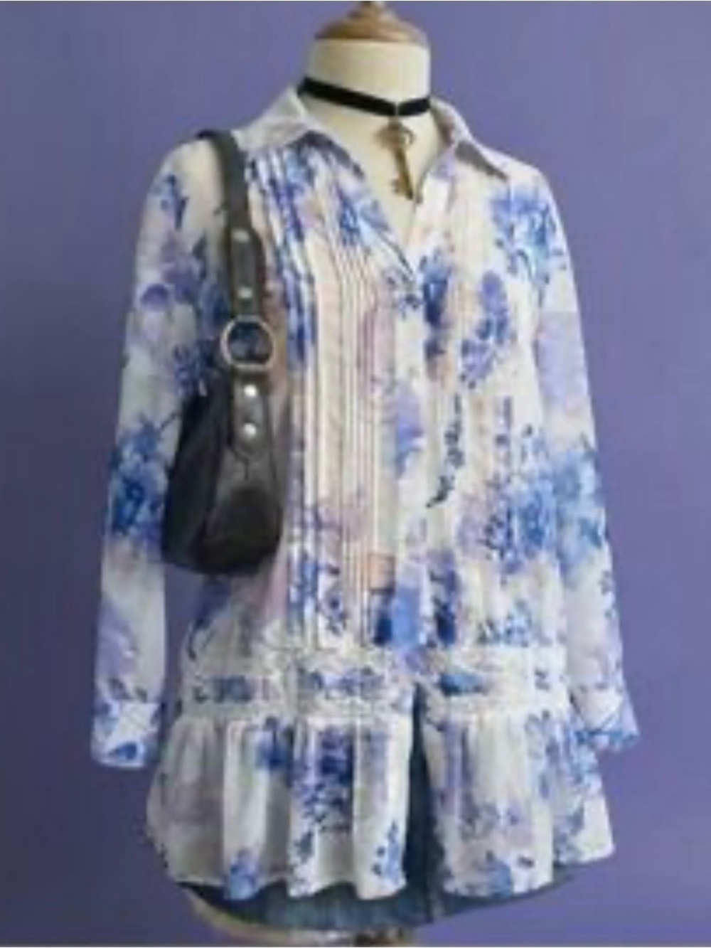 VINTAGE AMERICA BLUES Watercolor Floral Tunic Top Boho Cottagecore Fairy Core